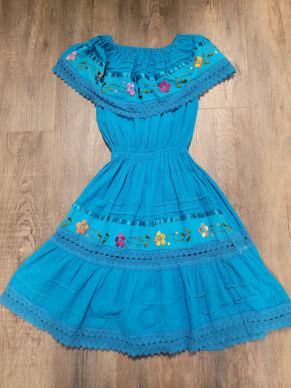 Girls' Turquoise Off-Shoulder Embroidered Sundress